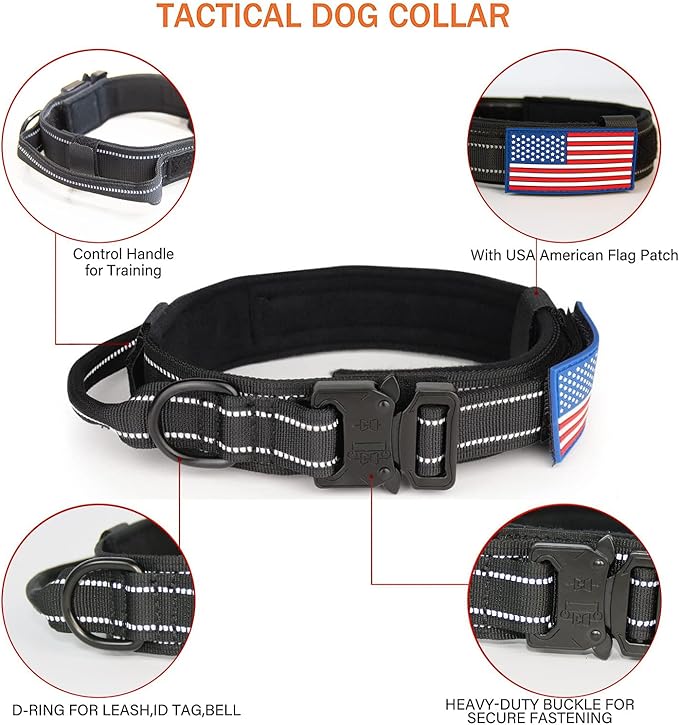 KCUCOP Tactical Dog Collar for Medium & Large Dogs - Military Nylon Heavy Duty Collar with Handle, Reflective Strip & Metal Buckle for Training, Outdoor (Black Reflective, XLarge)