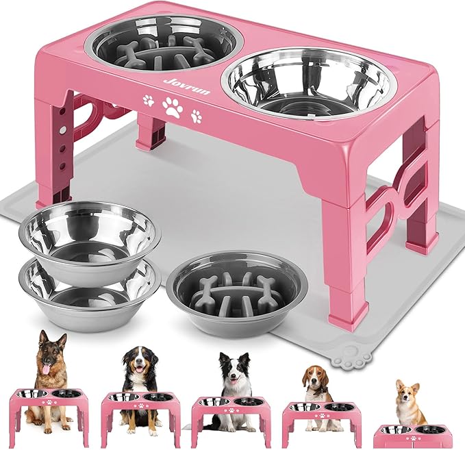 Elevated Dog Bowls, Dog Feeder with Stainless Steel Dishes & Slow Feeder Bowl, 5 Heights Adjustable Raised Stand for Medium Large, Food Dishes with Non-Slip Feet