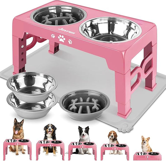 Elevated Dog Bowls, Dog Feeder with Stainless Steel Dishes & Slow Feeder Bowl, 5 Heights Adjustable Raised Stand for Medium Large, Food Dishes with Non-Slip Feet