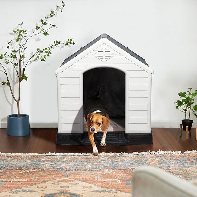 LEMBERI Durable Waterproof Plastic Dog House for Small to Large Sized Dogs, Indoor Outdoor Doghouse Insulated Puppy Shelter with Elevated Floor, Easy to Assemble (Gray with Liner, 42''L*38''W*39''H)