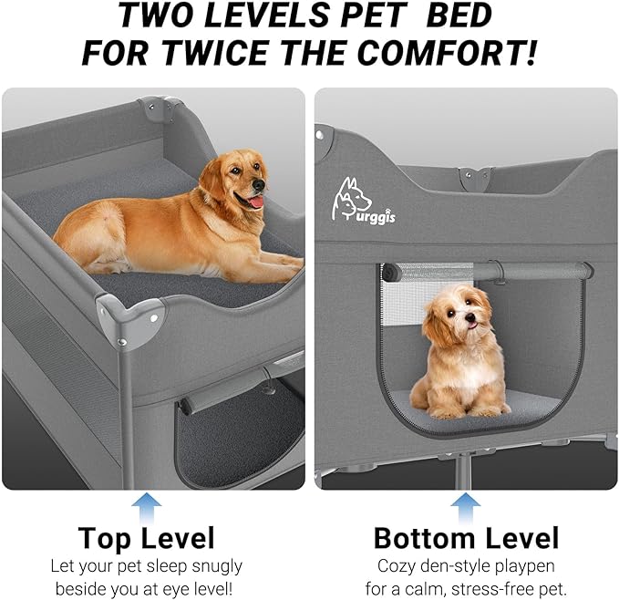 Upgraded Dog Bunk Bed, Portable Bedside Lounge Pet Bed, Dog Beds Attachment to Human Bed, Bedside Dogs Bed for Small, Medium Cats & Dogs, Pet Window Perch-Grey