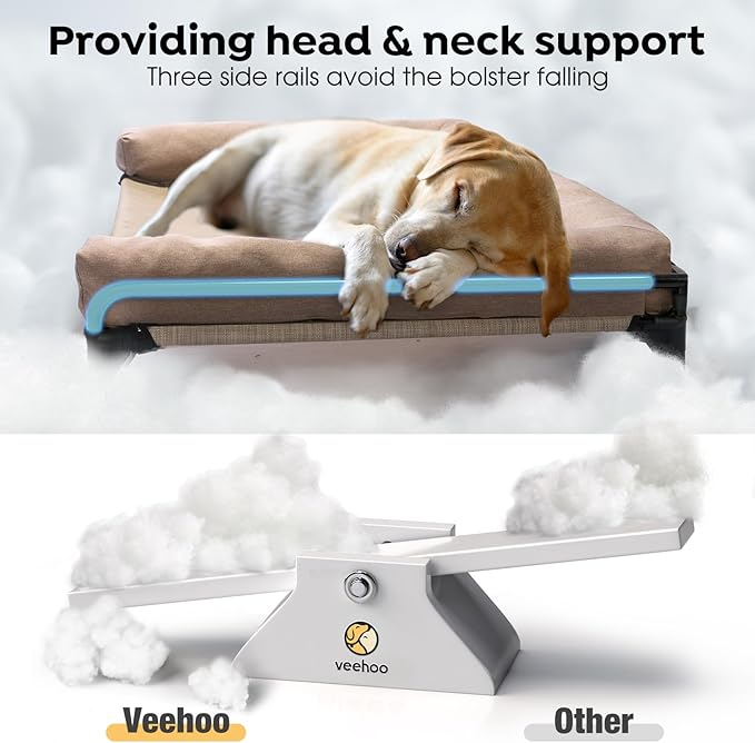 Veehoo Elevated Raised Dog Bed-Cooling Outdoor Dog Cot Bed for Medium Sized Dogs Three-Sided Fence Raised Pet Cot with Mesh &No-Slip Feet Dog Hammock Bed with Removable Bolster-29 x 18" Beige Coffee