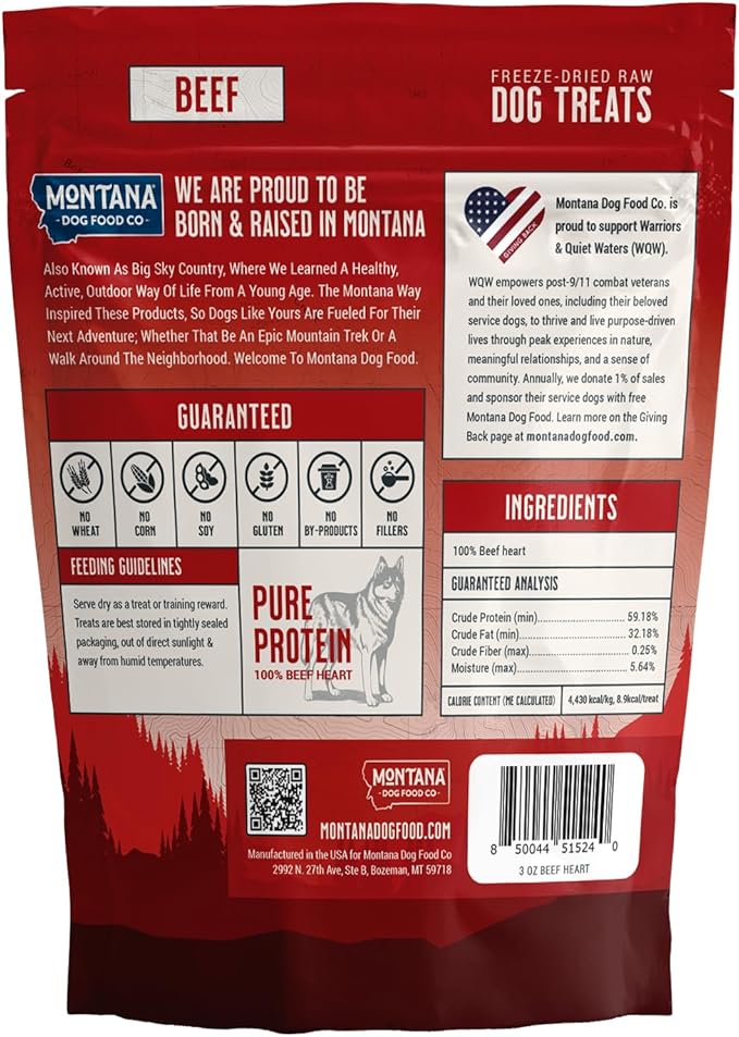 MONTANA DOG FOOD CO. Freeze-Dried Beef Heart Dog Treats (Trail Snacks) – 100% Natural, Single Ingredient, High Protein, Grain-Free, Made in USA – 3 oz Bag