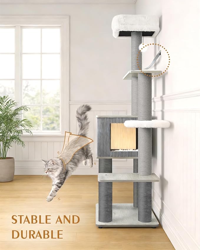60in Maine Coon Cat Tree for Large Cats, Heavy Duty Cat Trees for Large Cats, Modern Cat Tree Tower with Plush Platforms, Gray Sisal Posts, Scratching Post for Indoor Cats
