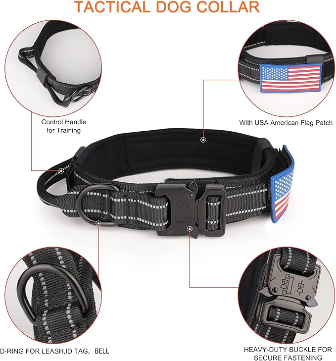 KCUCOP Heavy Duty Tactical Dog Collar and Leash Set, Military Training Nylon Reflective Collar with Handle Metal Buckle for Medium Large Dogs, Black, L (1 Patch Included)