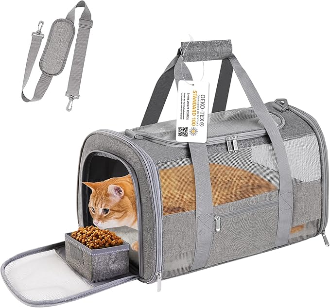 Soft Sided Cat Carrier for Small Cats Puppies up to 15 Lbs, Airline Approved Pet Carrier Collapsible Travel Puppy Carrier with Reflective Strip, Grey
