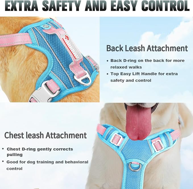 BARKBAY No Pull Dog Harness Large Reflective Dog Harness with Front Clip and Easy Control Handle for Walking Training Running with ID tag Pocket(Baby Blue & Baby Pink,L)