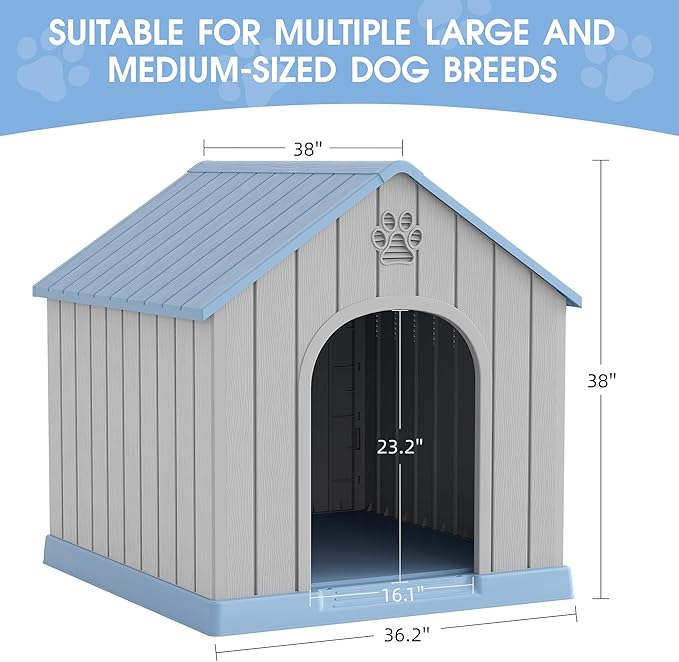 Large Dog House Outdoor Indoor for Medium Large Dogs, Sturdy Plastic Waterproof Doghouse with Air Vents and Elevated Floor, Easy Clean and Assemble (Light Blue, 36.2''L×38''W×38''H)