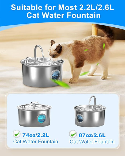 Cat Water Fountain Filters Compatible with 74oz/2.2L Compatible with 87oz/2.6L Stainless Steel Cat Water Fountains, 6 Carbon Filters + 6 Ultra-fine Fiber for Clean & Fresh