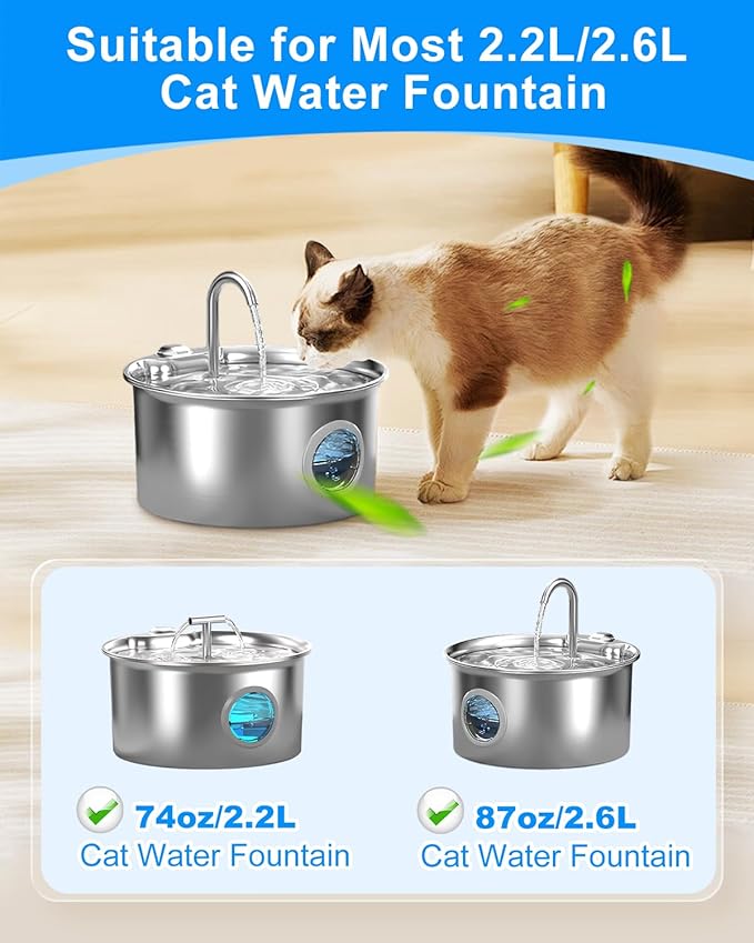 8+8 Pack Cat Water Fountain Filter Replacement Compatible with 74oz/2.2L, 87oz/2.6L Cat Water Fountain Stainless Steel, Activated Carbon Filter and Ultra-fine Fiber