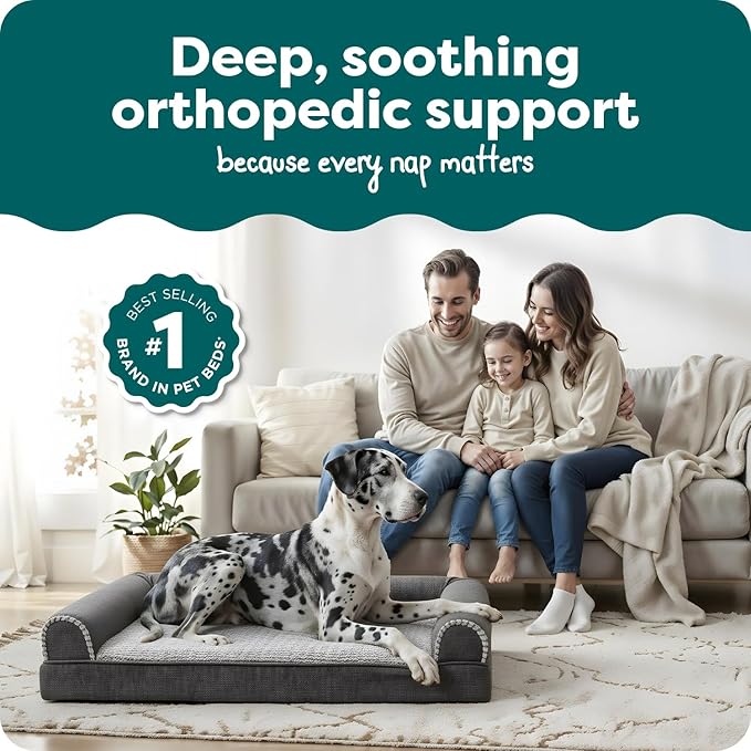 FurHaven Orthopedic Dog Bed For Large Dogs, Sofa Contour Mattress with Solid Orthopedic Foam Slab for Joint Support, Removable Washable Cover, Jumbo Plus/XXL, Faux Fur, Charcoal