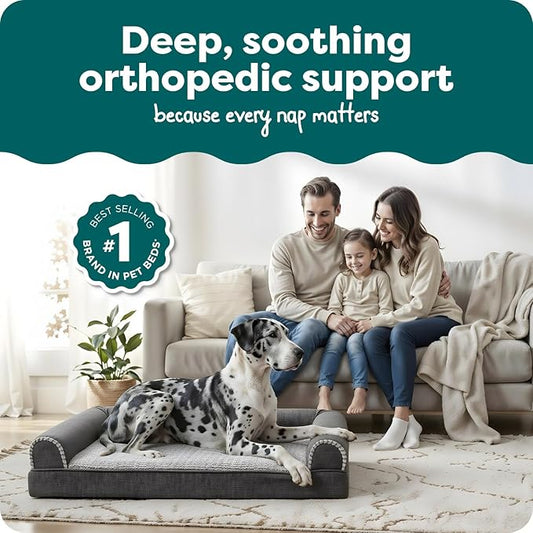 FurHaven Orthopedic Dog Bed For Large Dogs, Sofa Contour Mattress with Solid Orthopedic Foam Slab for Joint Support, Removable Washable Cover, Jumbo Plus/XXL, Faux Fur, Charcoal