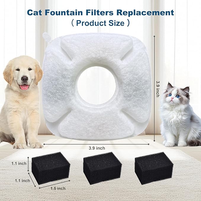 12Pcs Cat Fountain Replacement Filters,12Pack Cat Water Fountain Replacement Filters with 12Pack Pre-Filter Sponges, Pet Fountain Filter Fit for 95oz/2.8L Automatic Pet Fountain Cat Water Fountain