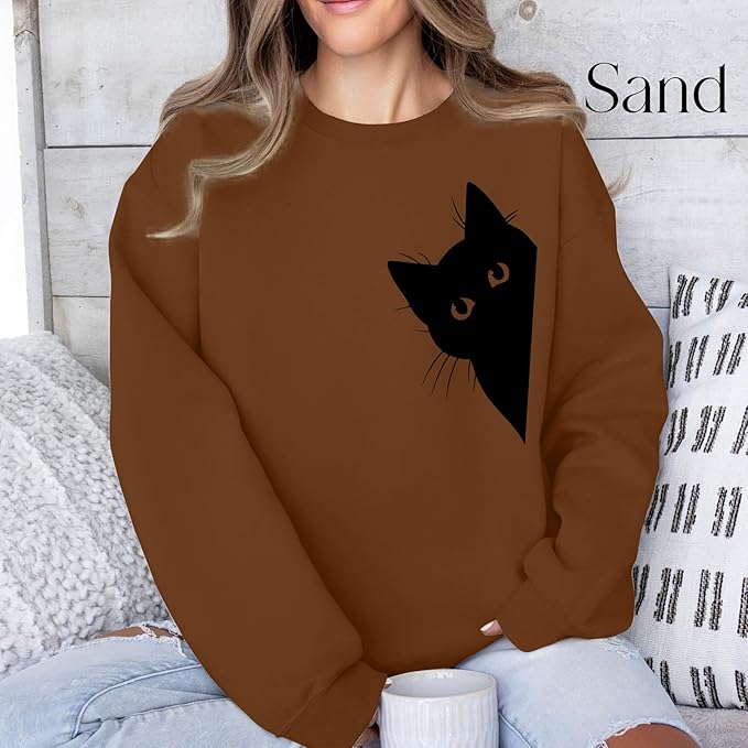 Cat Sweatshirts for Women Graphic Print Sweatshirt Funny Long Sleeve Shirt Cute Pullover Lightweight Hoodie Tops