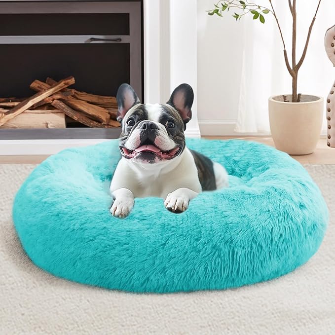 JOLLYVOGUE Small Dog & Cat Beds for Indoor Cats, Donut Cuddler Warming Soft Dog Beds with Anti-Slip Bottom, Round Calming Fluffy Plush Faux Fur Cushion Bed for Small Dogs (23", Aqua Blue)
