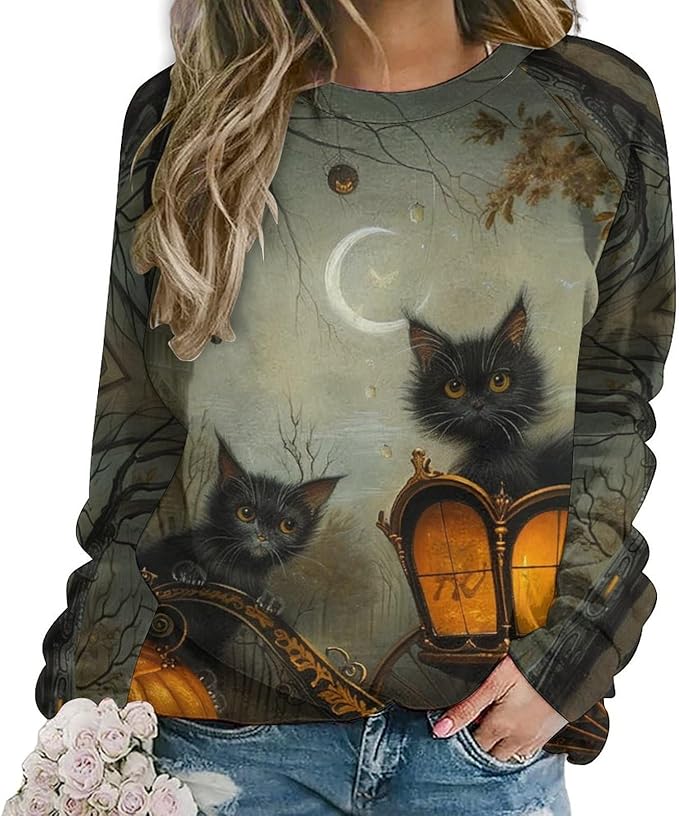 Womens novelty funny cat printed crewneck sweatshirt casual loose long sleeve graphic pullover sweatshirts tops
