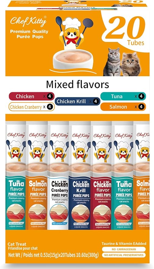 Chef Kitty Purée Pops, Cat Treats, Grain-Free, Lickable, Squeezable Creamy Cat Treat/Topper with Vitamin E & Taurine, 0.5 Ounces Each Tube, 20 Tubes, Chicken and Seafood Mix Variety
