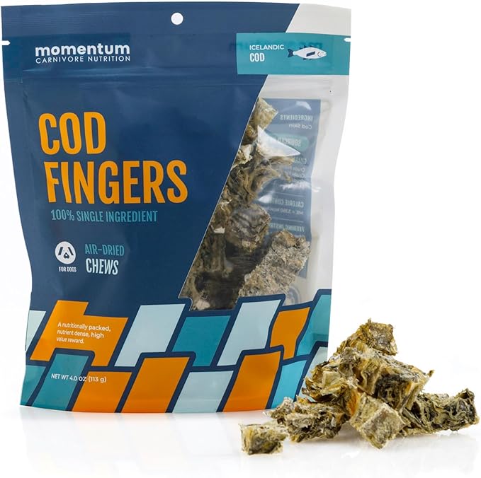 Momentum Carnivore Nutrition Cod Fingers Dog Treats – Single Ingredient Icelandic Cod Skin – Natural Dental Support, High-Protein Fish Chews– Healthy Dog & Cat Treats – 4 oz Bag