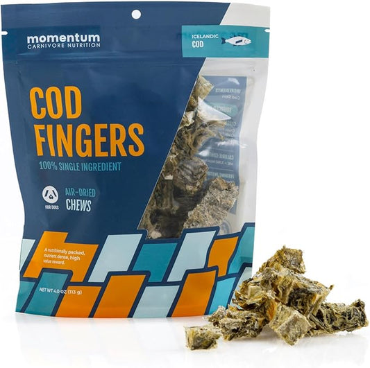 Momentum Carnivore Nutrition Cod Fingers Dog Treats – Single Ingredient Icelandic Cod Skin – Natural Dental Support, High-Protein Fish Chews– Healthy Dog & Cat Treats – 4 oz Bag