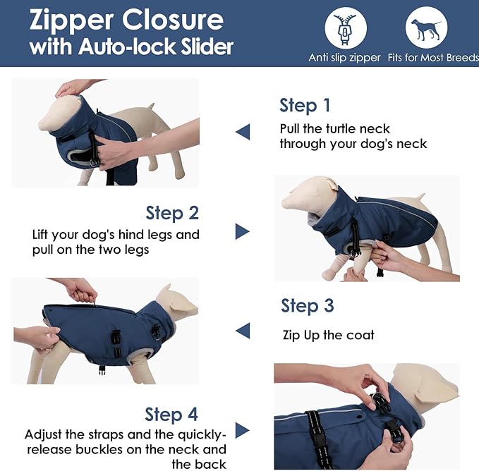 AOFITEE Dog Coat, Warm Dog Winter Coat with Harness Built in, Waterproof Pet Snow Jacket with Zipper on Back, Fleece Pet Sweater Outdoor Puffer Jacket Snowsuit for Extra Large Dogs, Blue XXL