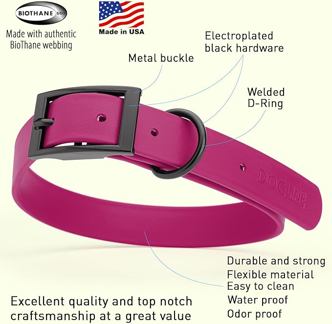 Dogline Biothane Coated Webbing Dog Collar with Black Metal Hardware: Durable Easy-Clean Everyday Collar for Dogs - Comfortable Adjustable Odor-Resistant Pet Collar, W1 x L18-22, Magenta Pink