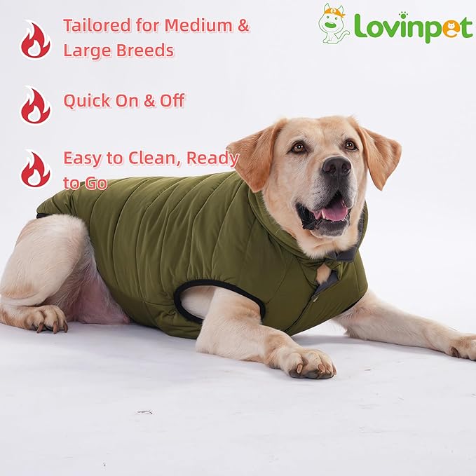 LovinPet Reversible Dog Puffer Coat for Medium & Large Dogs, Down‑Insulated Winter Jacket, Water‑Resistant & Wind‑Resistant, Anti‑Static, Dual-Sided Dark Green & Grey for Cold Weather,2XL