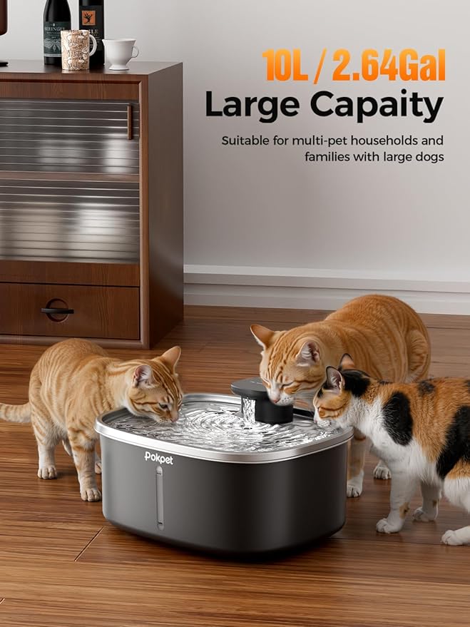 10L/2.64GAL Wireless Water Fountain for Cats Large Dogs for Multi-Pet Homes - Stainless Steel 4000mAh Battery Operated Automatic Pet Water Dispenser with Sensor, Quiet Flowing Bowl - Black
