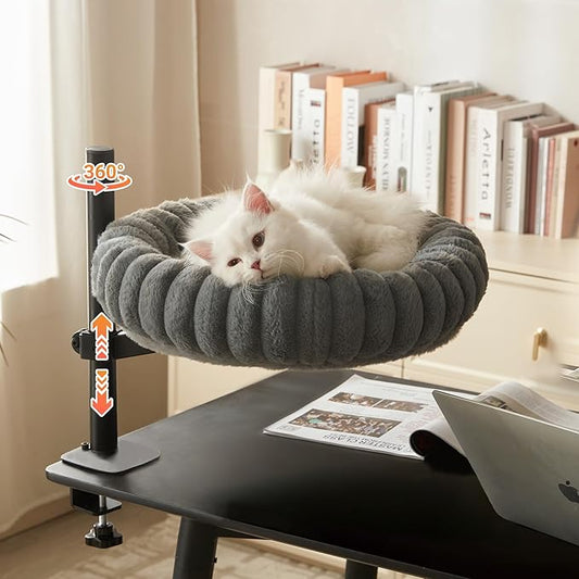 Dogpals 360° Rotating Cat Bed for Desk, Height Adjustable Cat Perch with Semi-Enclosed Design & Removable Cushion, No-Drill Clamp fits up to 1.18" Desk, Supports 9lbs for Office, Gaming Table