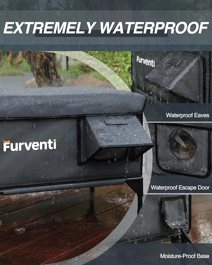 Heated Cat House for Outside,Dual Camera Mounts,100% Weatherproof & Extremely Insulated,Elevated Feral Cat Shelter with Escape Door,Waterproof Eaves for Outdoor Stray Barn Cat(Grey,M)