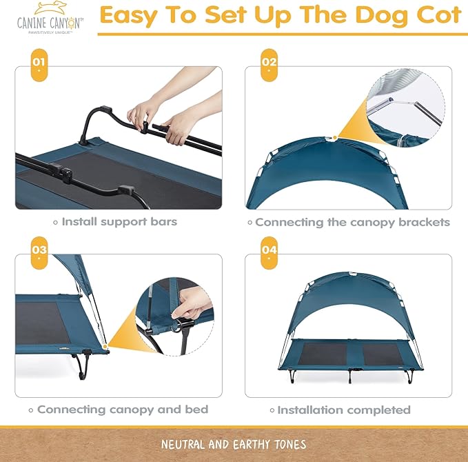 47 Inch Elevated Cooling Large Dog Bed with Removable Canopy, Raised Beds for Large Dogs with Washable Breathable Mesh, Dog Cot for Big Dogs, Indoor/Outdoor Pet Cot with Canopy