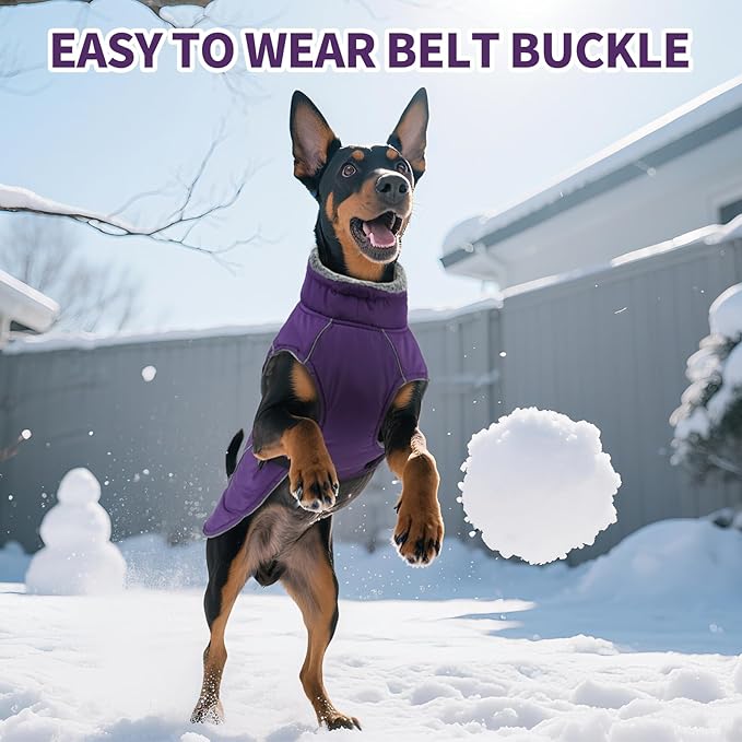 DENTRUN Winter Warm Dog Coat Reflective Jacket with Turtleneck for Cold Weather, Adjustable Buckle Windproof Water Repellent, Thick Snowsuit Fleece Vest for Small, Medium, Large Dogs, Purple, S