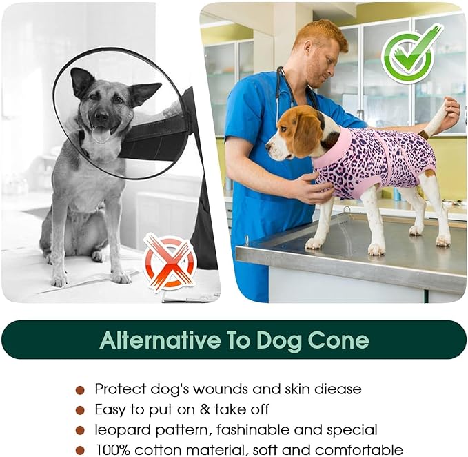 Kuoser Dog Surgery Suit, Comfy Dog Recovery Suit Female Doggie Onesie for Surgery, Post-Op Onesie for Female & Male Dogs, Soft Protective Wear, PinkLeopard XL