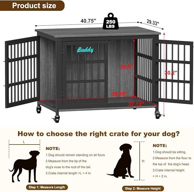 EasyCom 41"/33"/27" Dog Crate Furniture with Name Tag, Heavy Duty Dog Kennel Indoor for Medium Dogs, Double-Doors Sturdy Metal Dog Cage for Anxiety Dog, Decorate House as TV Stand, End Table