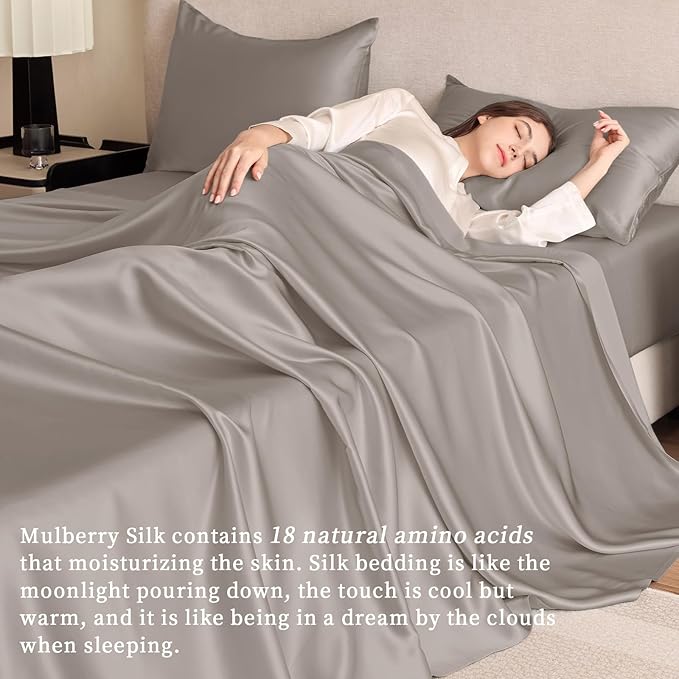 THXSILK Silk Sheet Set 4Pcs, 6A+ Grade 100% Mulberry Silk Bed Sheets Ultra Soft Durable Luxury Bedding Sets Environmentally Friendly, 1 Fitted Sheet, 1 Flat Sheet and 2 Pillowcases (Twin, Grey)