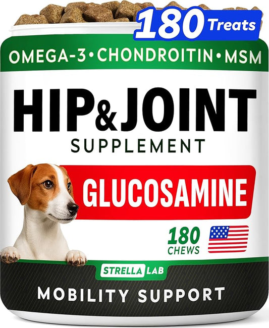 STRELLALAB Glucosamine for Dogs - Hip & Joint Supplement for Dogs w/Omega-3 Fish Oil - Chondroitin MSM - Advanced Mobility Chews - Joint Pain Relief - Hip & Joint Care - Made in USA (180Ct)