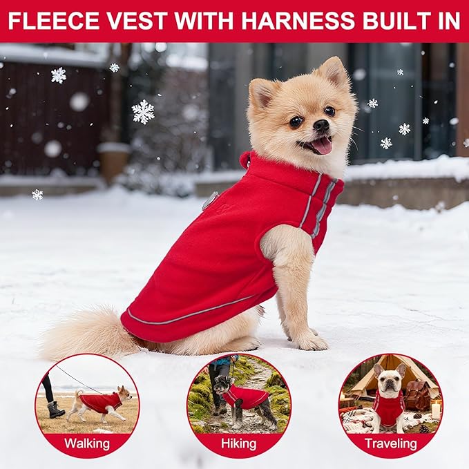 BEAUTYZOO Dog Fleece Vest Sweater Winter Jacket Zip Up Warm Pullover Step-in Dog Clothes with D-Ring Leash Cold Weater Reflective Coat Hoodie for for XS S M Dogs Puppy Cat Boy or Girl, Red Large
