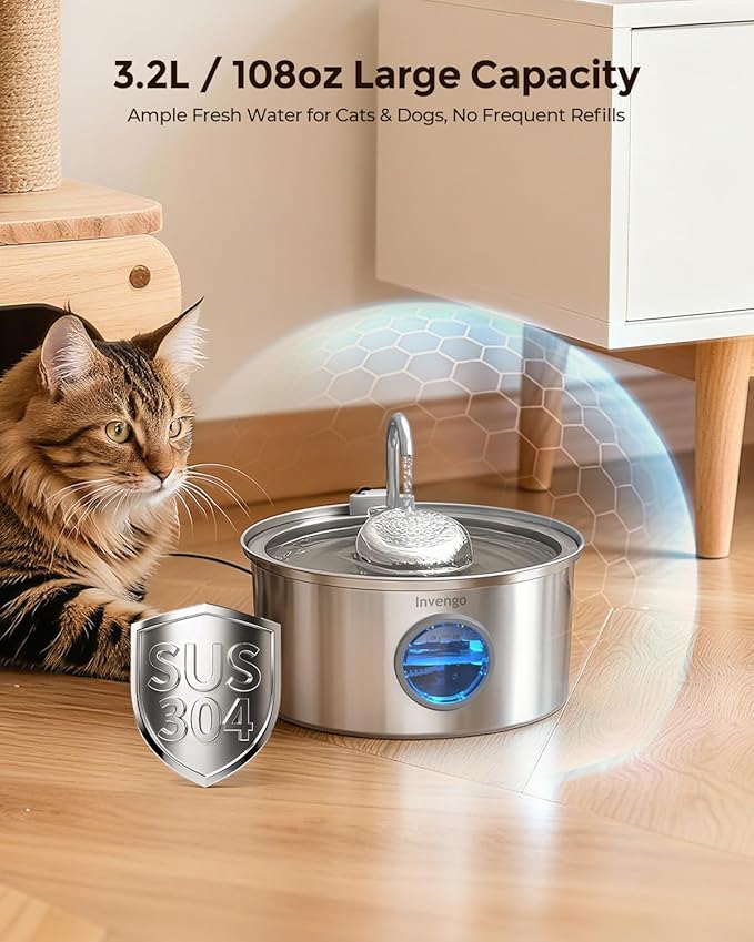 Invengo Cat Water Fountain Stainless Steel, 3.2L/108oz Pet Drinking Fountain for Cats Dogs, Automatic Cat Fountain with 2 Flow Modes, Splash-Proof Bowl