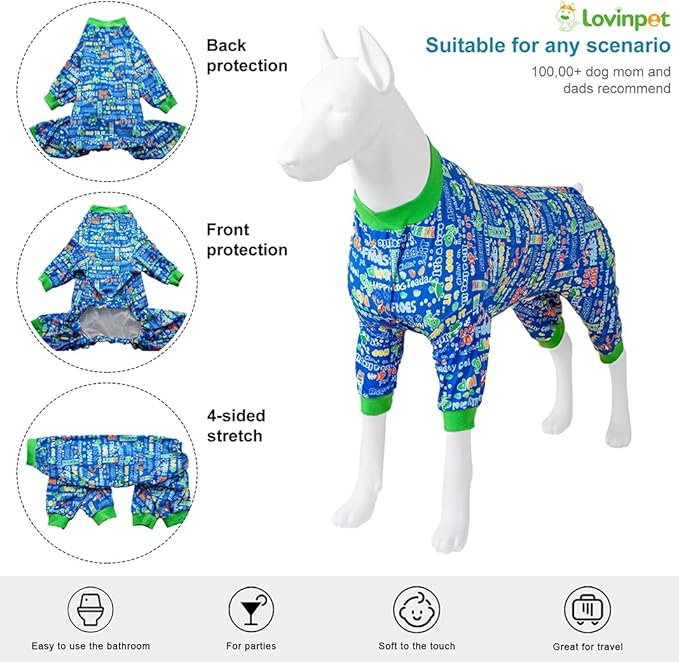 LovinPet Dog Pajamas Bodysuit for Giant Dogs -Dog Onesie with UV Protection & Anxiety Calming Shirt,Pitbull Dog Clothes, Pet Pajamas for Dogs, Cotton Jumping Frogs Print, Medium