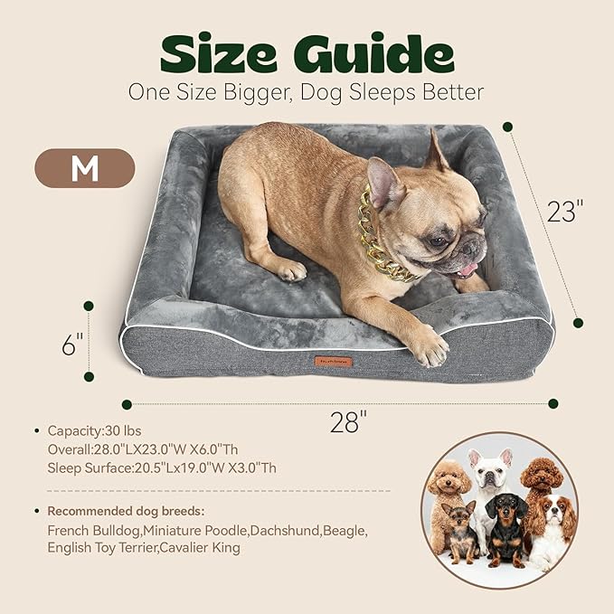 Memory Foam Dog Beds Medium Sized Dog with Removable Bolsters & Washable Cover,Orthopedic Pet Beds Eggshell Foam Infused with Cooling Gel Waterproof Relieves Joint Pain,28"x23"x6.5"Dark Grey