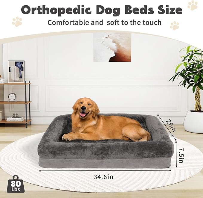 Dog Beds Waterproof Medium/Large Sized XL Foam Pet Beds Removable Washable Cover Dog Sofa Egg Crate Foam Support with Zipper Bottom Bolster Deluxe Plush Mat (Grey+34.6x26x7.5in)