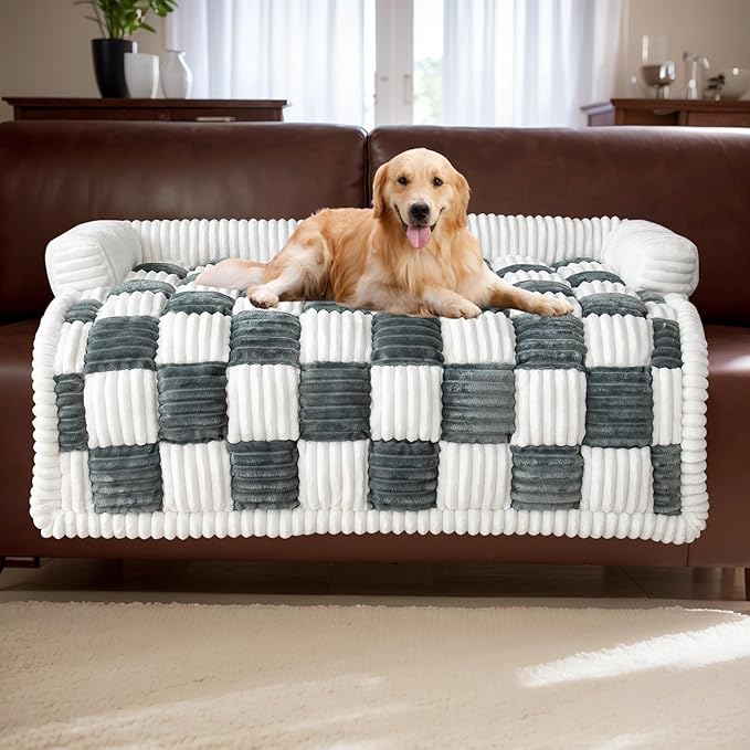 LiveGo Fuzzy Pet Couch Covers for Sofa, Dog Couch Cover Fuzzy Sofa Cover Cream Square Plaid Dog Bed Plush Dog Mat for Furniture Protector for Large Medium Dogs and Cats (Blue Gray, 35.4"*35.4")