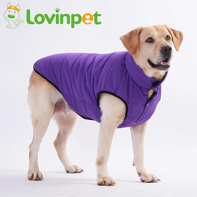LovinPet Reversible Dog Puffer Coat for Medium & Large Dogs, Down‑Insulated Winter Jacket, Water‑Resistant & Wind‑Resistant, Anti‑Static, Dual-Sided Purple & Black for Cold Weather,XL