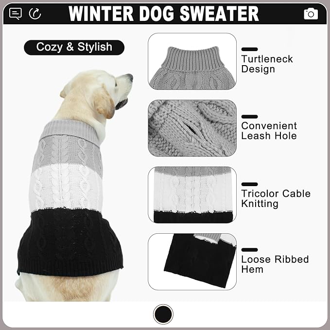EXPAWLORER Dog Sweater with Leash Hole - Large Dogs Fall Sweaters for Girls Boys,Classic Turtleneck Knitwear Dog Clothes for Cold Weather, Cable Knit Dogs Outfit,Coat,Pet Apparel(Black&Grey,L/XL)