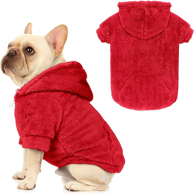 Dog Sweater,Dog Hoodies,Warm Fuzzy Fleece Sweatshirt with Hood & Pocket,Leash Hole,Cozy Cold Weather Pet Clothes Sweater for Small,Medium,and Large Dogs(Red,L)