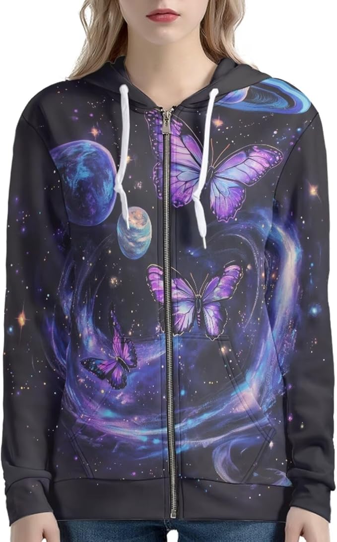 WELLFLYHOM Women Y2K Hoodie Zip Up Sweatshirt Vintage Jackets Hooded Cardigan