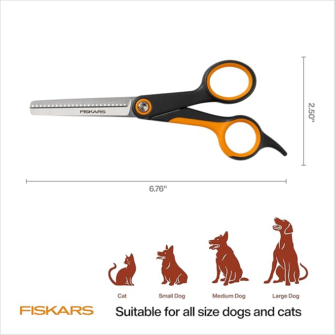 Fiskars Pet Blending Scissors, Dog and Cat Grooming Scissors, Serrated Teeth for Thinning & SoftGrip Handle, 6.5”, Orange/Black