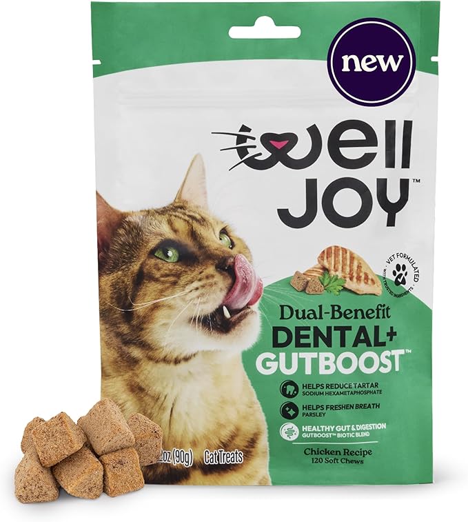WellJoy Cat Treat Dental+ GutBoost | Helps Reduce Tartar | Helps Freshen Breath | Dual-Benefit GutBoost Formulation | Vet Formulated | Made in USA | Made with Real Chicken | 120 Soft Chews