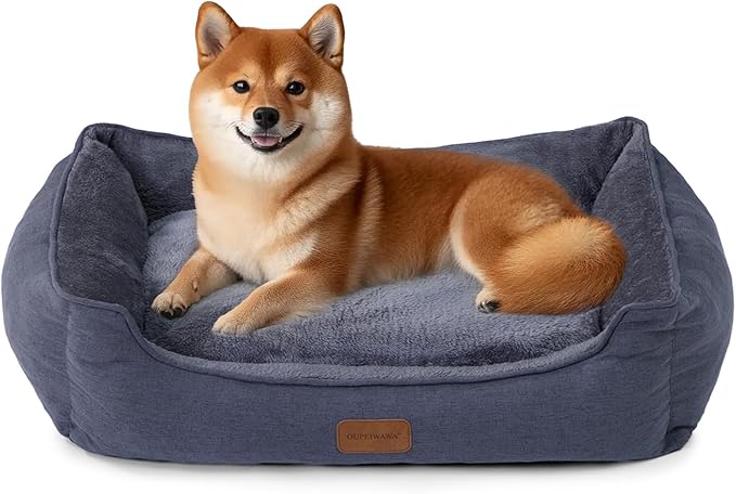 Rectangle Dog Bed for Large Medium Small Dogs Washable Pet Bed with Bolster Sides Non-Slip Bottom Pet Sofa Waterproof Lining Durable Pet Cuddler, Dark Grey, 33x 26x 7.5
