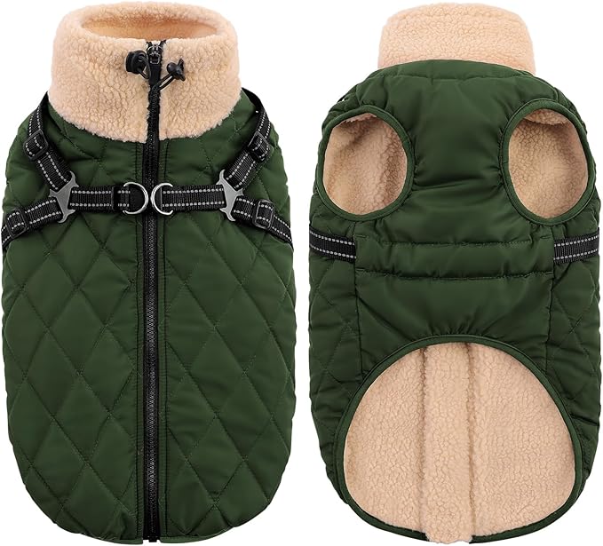 Queenmore Dog Jacket, Dog Coats for Large Dogs, Large Pet Coat with Harness Built in, Thick Fleece Snow Jacket for Extra Large Breeds, Waterproof Windproof Pet Apparel Cold Weather, ArmyGreen 3XL