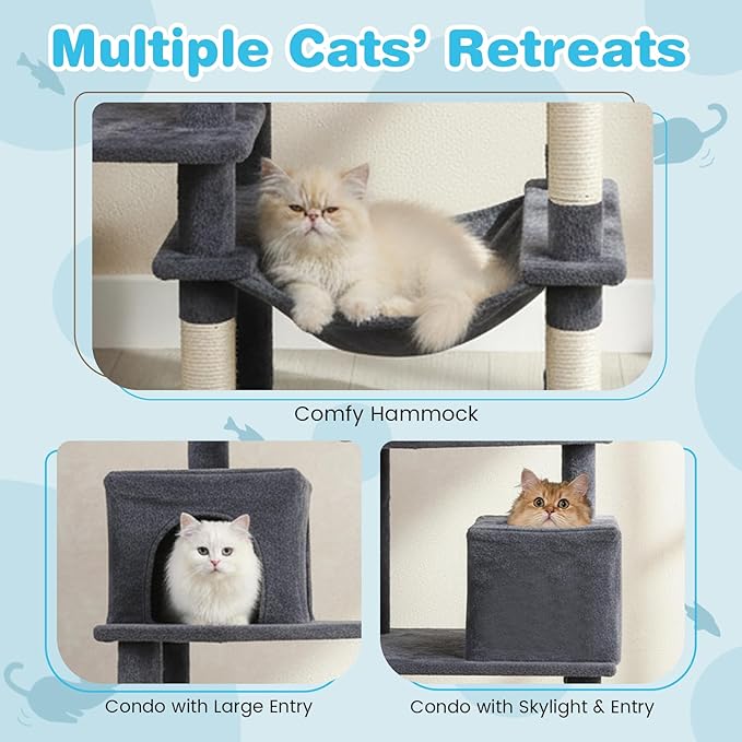 Tangkula Cat Tree for Indoor Cats, 75 Inch Extra Tall Cat Tower with Sisal Scratching Post, Padded Top Perch, Dual Condos, Hammock, 2 Dangling Balls, Platforms, Multi-Level Cat Climbing Furniture